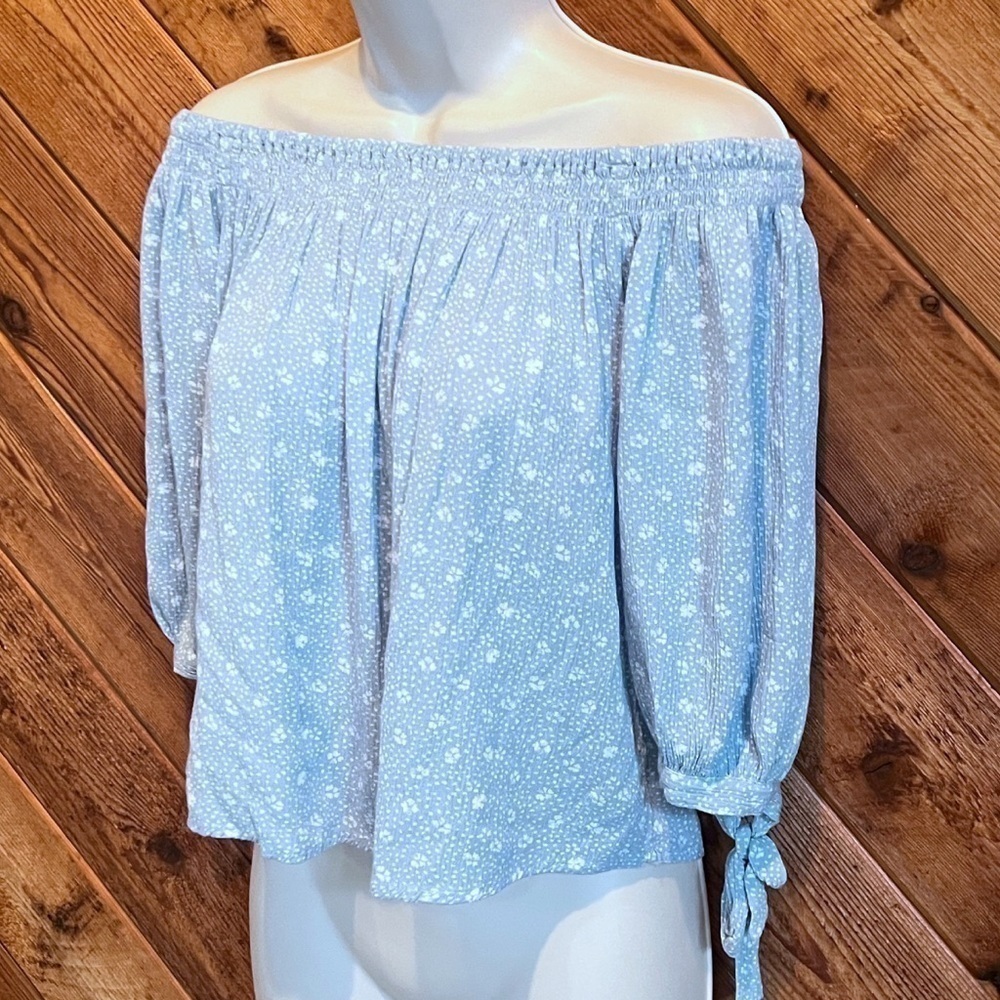 One Clothing blue floral off shoulder crop top elbow tie sleeves medium